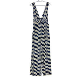 Forever 21  jumpsuit blue ivory Ikat deep v neck M